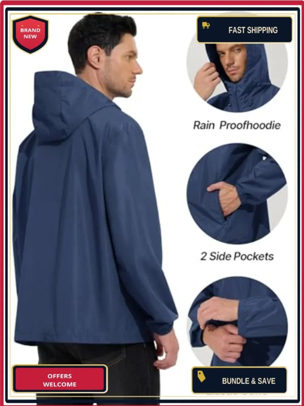 Mens Waterproof Rain Jacket Lightweight Packable Windbreaker